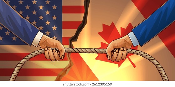 Trade war USA Canada illustration showing hands gripping rope over cracked flags symbolizing conflict tension economic tariffs