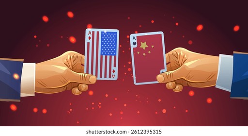 Trade war USA China concept illustration. Two hands hold playing cards with US and China flags symbolizing economic conflict. Dark background with glowing dots
