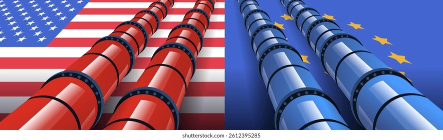 Trade war USA EU pipelines concept illustration. Red and blue pipelines on American and European Union flag backgrounds symbolizing economic conflict