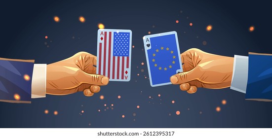 Trade war USA EU playing cards concept. Hands holding cards with American and European Union flags against a dark background