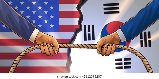 Trade war USA South Korea concept illustration. Hands pulling rope against American and South Korean flags symbolizing conflict. Bright colors. Website banner