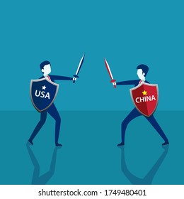 Handelskriegsvektorkonzept: Geschäftsleute aus den USA und China, die sich gegenseitig mit Schwert und Schild bekämpfen