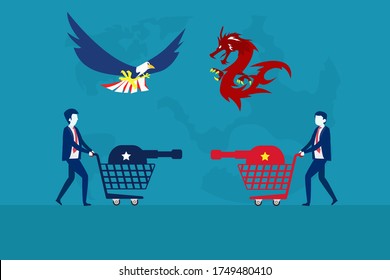 Trade war vector concept: USA and China engaging each other with red and blue cannon trolleys under eagle and dragon symbols