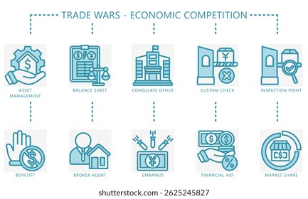 Conjuntos de ícones de tons duplos de guerras comerciais. Conter gerenciamento, boicote, verificação, embargo, consulado, corretor, resolução, equilíbrio, mercado e muito mais. Vetor para UI, kit UX, digital, impressão, web e desenvolvimento de aplicativos