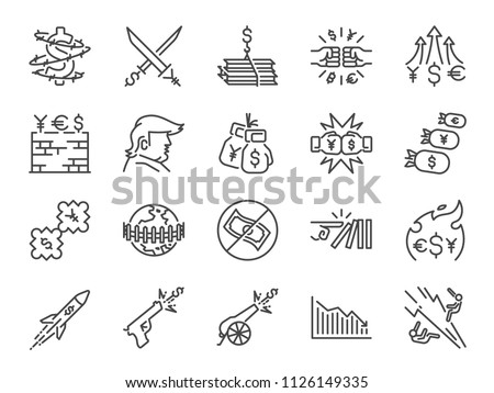 Trade wars icon set. Included icons as currency war, Economic sanctions, tax, tariffs, wall, crisis and more.