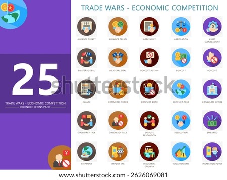 Trade wars rounded color icons set. Contain agreement, trade, treaty, clause, diplomacy, import tax, resolution, inflation and more. Vector for finance, economy UI, UX kit, web and app development