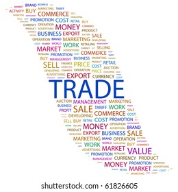 TRADE. Word collage on white background. Illustration with different association terms.