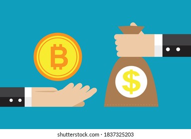Trade your existing bitcoin for money, Vector illustration in flat style