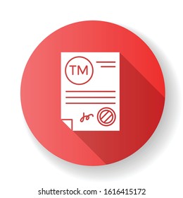 Trademark certificate red flat design long shadow glyph icon. Certification mark. Intellectual property license. Brand name registration. Legal paper. Notary service. Silhouette RGB color illustration