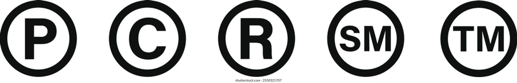 Conjunto de iconos de Derechos de autor de Marca comercial. Símbolo de patente registrado. Derechos de autor legal P, C, R, TM, SM círculo Iniciar sesión, Propiedad intelectual. Icono de estilo de línea para Diseño web. Ilustración vectorial.