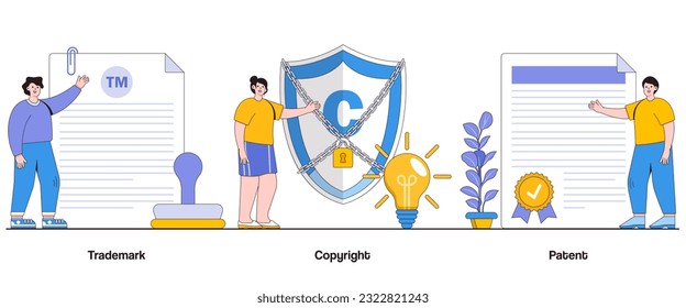 Marca comercial, derechos de autor y concepto de patente con carácter. Conjunto de ilustraciones de vectores de abstracto de propiedad intelectual. Innovación, creatividad y metáfora de protección.