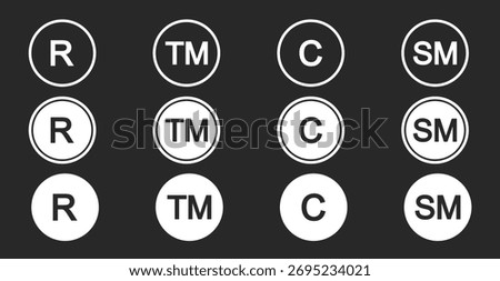 Trademark and copyright protection vector icon set — intellectual property law and branding symbol illustration