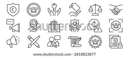 Trademark icon set. Containing Brand, Copyright Protection, Marketing, Legal, Ownership, Label, Registration, Patent, and more. Vector illustration