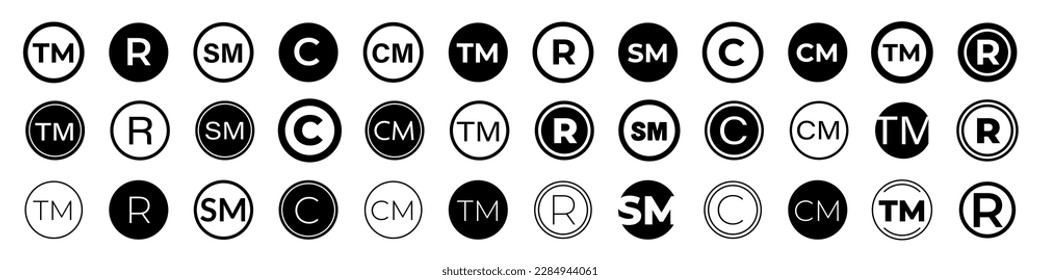 Trademark icon set. Copyright glyph icon set.