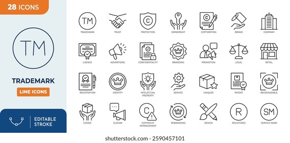 Trademark line editable icon set. Containing Brand, Copyright Protection, Marketing, Legal, Ownership, Label, Registration, Patent, and more. Vector illustration
