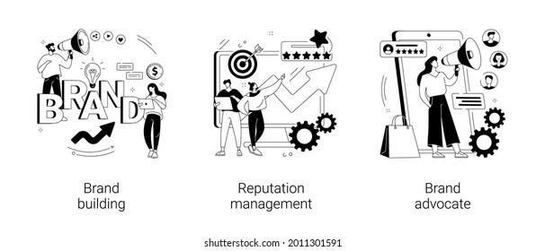 Trademark public relations abstract concept vector illustration set. Brand building, reputation management, brand advocate, marketing strategy, social media, corporate ID, awareness abstract metaphor.