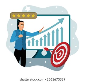 Markenzeichen Public Relations abstraktes Konzept. Business Professionals präsentieren Business Growth Charts mit Zielboards.