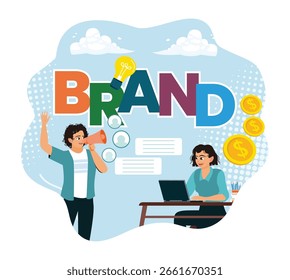 Markenzeichen Public Relations abstraktes Konzept. Das Branding-Team baut Marken mit Marketing-Ideen und Kreativität.