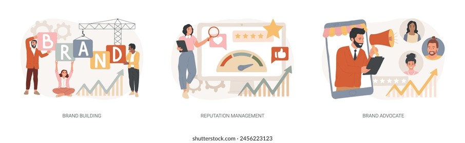 Trademark public relations isolated concept vector illustration set. Brand building, reputation management, brand advocate, marketing strategy, social media, corporate ID, awareness vector concept.