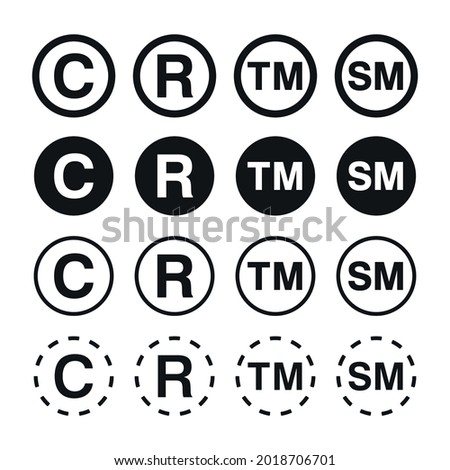 Trademark, registered trademark, copyright, and service mark symbol. Vector collection of intellectual property icons. Trademark right and license