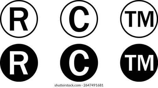 Trademark, registered, and copyright symbol icons in black and white circles. Perfect vector elements for branding, legal use, packaging, product labeling, and corporate identity design.