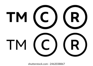 Trademark TM, Registered R, Copyright C vector icon set. Brand register trade mark symbol sheet.