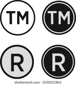 Marca comercial TM, registro R, conjunto de iconos de Vector. Hoja de símbolos de marca de registro de marca.