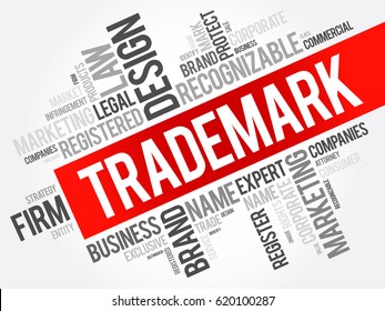 Trademark is a type of intellectual property consisting of a recognizable sign, design, or expression, word cloud concept background