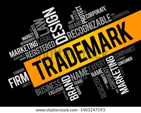 Trademark is a type of intellectual property consisting of a recognizable sign, design, or expression, word cloud concept background