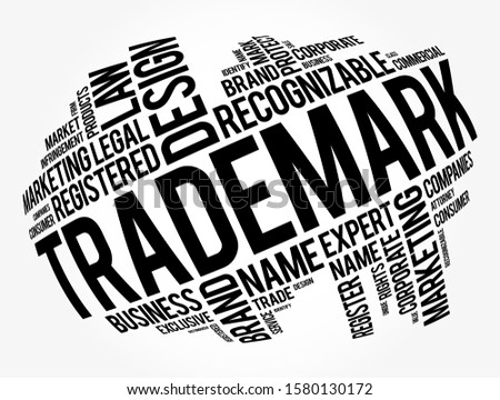 Trademark is a type of intellectual property consisting of a recognizable sign, design, or expression, word cloud concept background