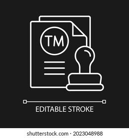 Trademark white linear icon for dark theme. Product or service identification. Legal entity mark. Thin line customizable illustration. Isolated vector contour symbol for night mode. Editable stroke