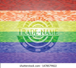 Trade-name emblem on mosaic background with the colors of the LGBT flag