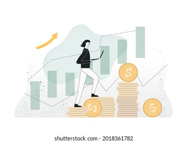Trader analyzes data. Financial analysis studying infographics. Online trading technologies in stock markets, making profit. Concept vector illustration