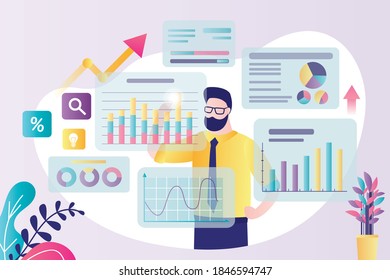 Trader analyzes data. Financial analyst studying infographics. Various graphs, diagrams and signs before businessman. Online trading technologies in stock markets, making profit. Vector illustration