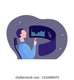 Trader analyzes stock price changes on the stock exchange. A financier sits in front of a rounded monitor and watches the indicators on the charts. The economist counts in front of the display.