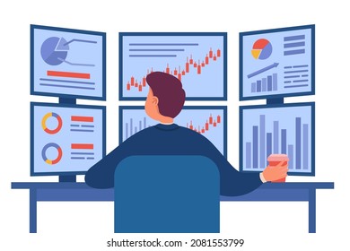 Operador analizando gráficos de datos económicos del mercado de valores. Vista posterior de un hombre sentado frente a múltiples pantallas de computadora y cambiando la ilustración plana del vector. Finanzas, intercambio de dinero, concepto de divisas