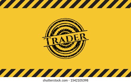 Trader black grunge emblem inside yellow warning sign. Vector Illustration. Detailed.