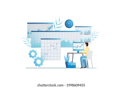 Händler, Makler in Computer, verkauft, kauft Objekte auf der Website im Büro am Arbeitsplatz. Mann, Geschäftsmann mit Aktenkoffer analysiert Wachstumsdiagramm, Diagramm. Verteilung der Finanzen, Vermögenswerte im Internet.