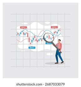 Negociante empresário analisando gráficos de castiçal no mercado de ações com uma lupa. Descreve a análise das movimentações de dados e a análise de tendências para obter lucros. Visão ou novo conceito de desafio.