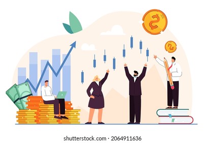 Trader character analyzing diagrams, growth and progress. Candlestick chart of stock market, moving up and down flat vector illustration. Motivation, achieving aim, forex, finance and economy concept