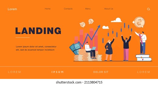 Trader character analyzing diagrams, growth and progress. Candlestick chart of stock market, moving up and down flat vector illustration. Motivation, achieving aim, forex, finance and economy concept