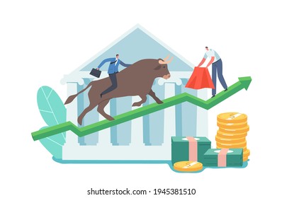 Trader Character Investment, Bullish Stock Market Trading. Businessman Bullfighter with Red Cloak in Hands Stand on Rising Arrow Graph Tease Bull with Rider on Back. Cartoon People Vector Illustration