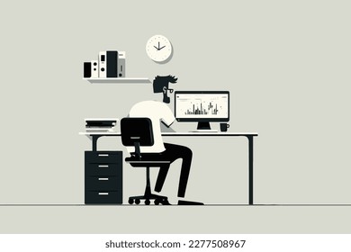 Мan trader at the computer analyzes the data. flat style