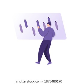 un comerciante, análisis de datos, marketing digital. ilustración de un empleado masculino analizando el movimiento ascendente y descendente de los precios de las acciones. establecer una estrategia. diseño plano. diseño vectorial