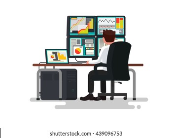 Trader at a desk. Vector illustration of a flat design