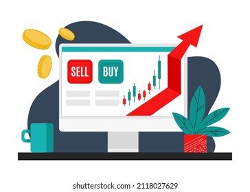 Trader desktop with charts on the monitor. Trading, quotes, stocks, investment concept. Flat cartoon vector illustration