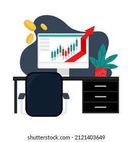 Trader desktop with charts on the monitor. Trading, quotes, stocks, investment concept. Flat cartoon vector illustration