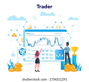 Trader, financial investment concept. Buy, sell or loss profits, trader strategy. Idea of money increase and finance growth. Vector illustration in flat style