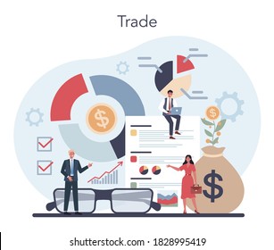 Trader, financial investment concept. Buy, sell or loss profits, trader strategy, market analysis. Idea of money increase and finance growth. Vector illustration in flat style