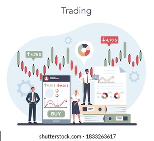 Trader, financial investment concept. Buy, sell or loss profits, trader strategy, market analysis. Idea of money increase and finance growth. Vector illustration in flat style